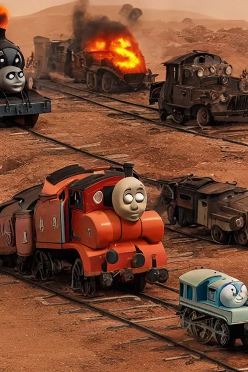 Image similar to Thomas the Tank Engine in the fiery Wasteland of MAD MAX: FURY ROAD