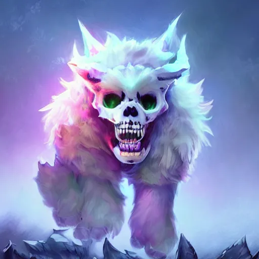 Image similar to cute fluffy animal skeleton creatures. blizzard warcraft animal creatures, graveyard background, bright art masterpiece artstation. 8k, sharp high quality artwork in style of Jose Daniel Cabrera Pena and Leonid Kozienko, violet theme, concept art by Tooth Wu, hearthstone card game artwork