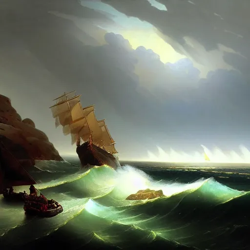 Prompt: a fleet of ancient trojan tiremes, amidst crashing waves and huge looming rocks, in the style of aivazovsky, grim, lightning flashes, sky swirling with black wind, dramatic, realistic, detailed, ancient, artstation, artgerm, digital painting