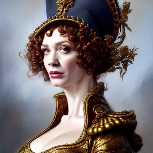 Prompt: clothed, christina hendricks dressed as napoleon - bonaparte, baroque painting, intricate, elegant, highly detailed, centered, digital painting, artstation, concept art, smooth, sharp focus, illustration, artgerm, tomasz alen kopera, peter mohrbacher, donato giancola, joseph christian leyendecker, wlop, boris vallejo