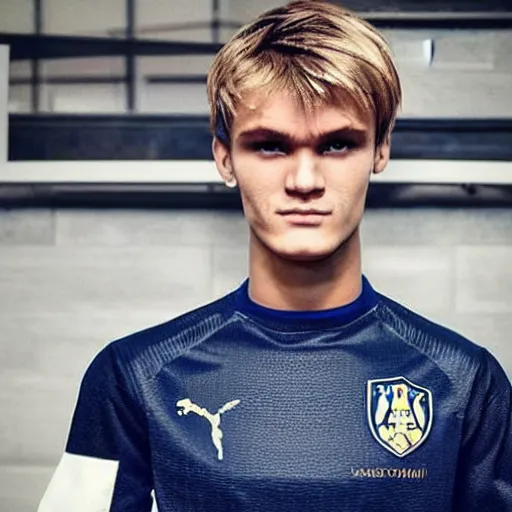 Image similar to a realistic detailed photo of a guy who is an attractive humanoid who is half robot and half humanoid, who is a male android, soccer player martin ødegaard, shiny skin, posing like a statue, blank stare, in a living room, on display, showing off his muscles