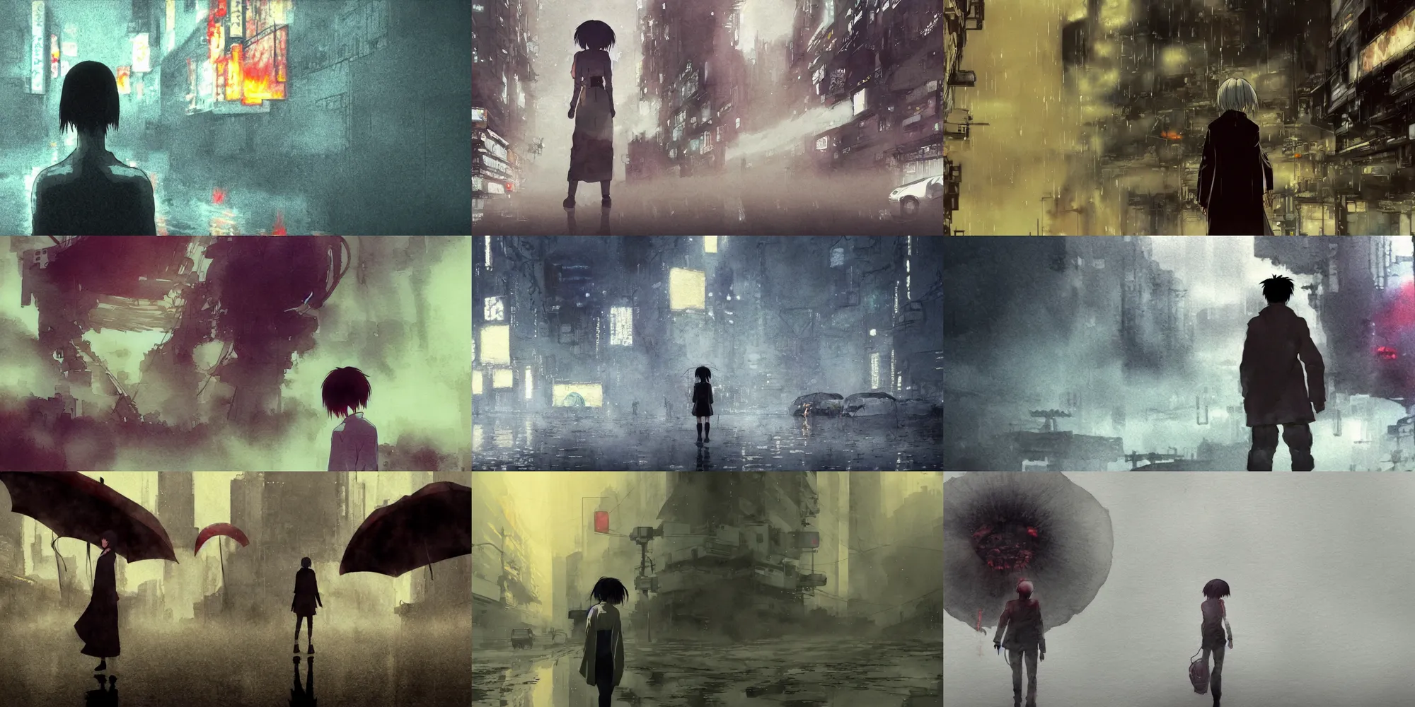 Prompt: incredible screenshot, simple water color, paper texture, fish eye lens, katsuhiro otomo ghost in the shell, mamoru oshii, dramatic camera, backlit girl in raincoat, wet dark road, parasol, giant robot foot, crushed, earthquake destruction, reflection, thick fog, smoke, burning robot skull, blazing fire, burning, inferno, fire