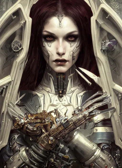 Image similar to portrait of beautiful pale gothic cyborg maiden, warhammer 40000, cyberpunk, intricate, elegant, highly detailed, digital painting, artstation, concept art, smooth, sharp focus, illustration, art by artgerm and greg rutkowski and alphonse mucha and Gustav Klimt