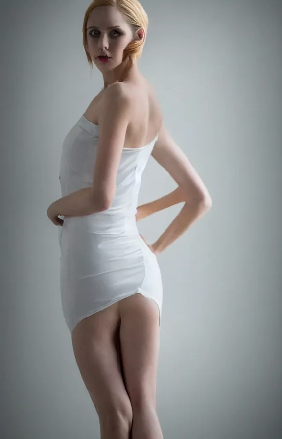 Prompt: 2 8 mm studio photo of gorgeous seductive emily skinner cosplaying annie leonhart wearing tight white dress, beautiful face, pale skin, rule of thirds, cinematic lighting, sharp focus, backlit, stunning, smooth, hard focus, full body shot