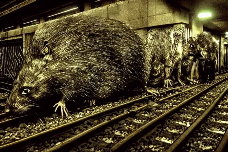 Image similar to very large giant mutant zombie irradiated angry rat sraying on railways in tonnel of moscow subway. extreme high detail. low dark light, scary atmosphere.