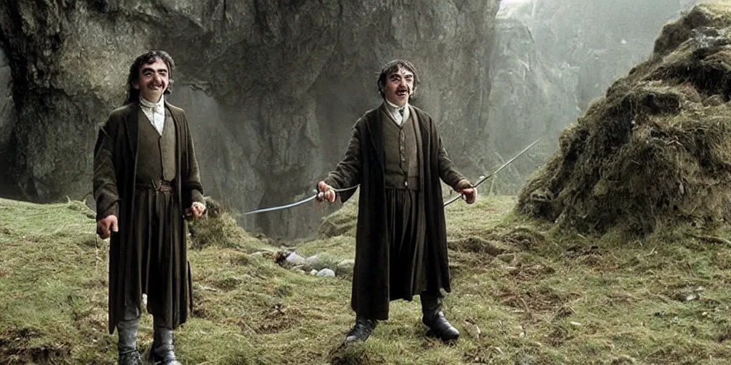 Prompt: still image of Mr Bean (Rowan Atkinson) appearing in The Lord of the Rings (Peter Jackson), film frame