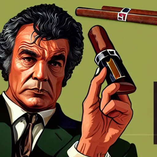 Image similar to GTAV cover art of Columbo holding a cigar