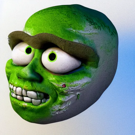 Prompt: a film still from a horror movie featuring a lime monster, scars on his face, 3 d render, blender