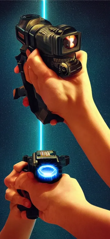 Image similar to “ hand holding laser gun, cinematic, digital art, retro, award winning ”