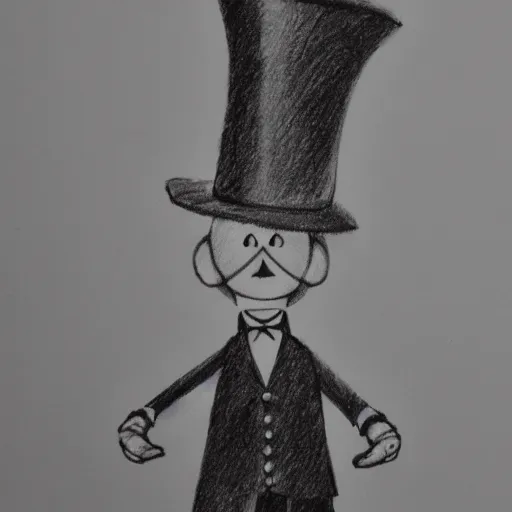 Prompt: a 2 d pencil sketch of a smiling marionette puppet wearing a top hat, highly detailed