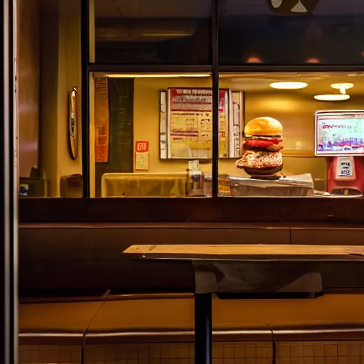 Image similar to a hamburger sitting on a table in a dimly - lit mcdonalds by the window, blue hour