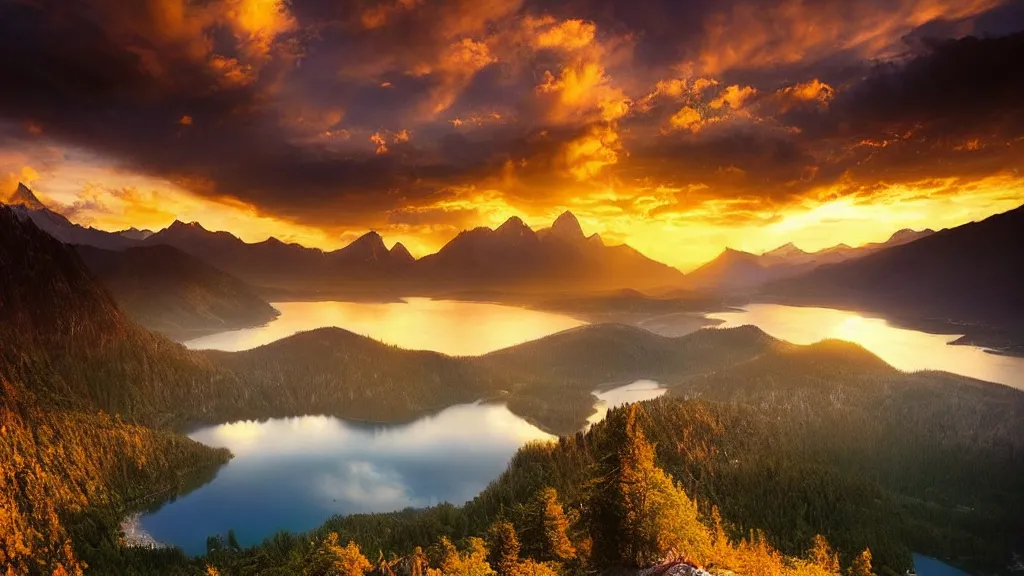 Image similar to amazing landscape photo of mountains with lake in sunset by marc adamus, beautiful dramatic lighting