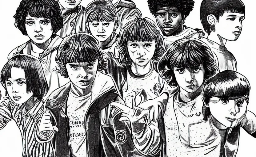 Prompt: ''Stranger Things drawning in style of manga, black and white, high quality, japanese, sketch''