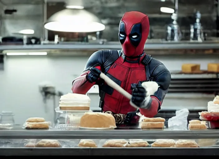 Image similar to film still of Deadpool working in a bakery in the new Deadpool movie, 4k