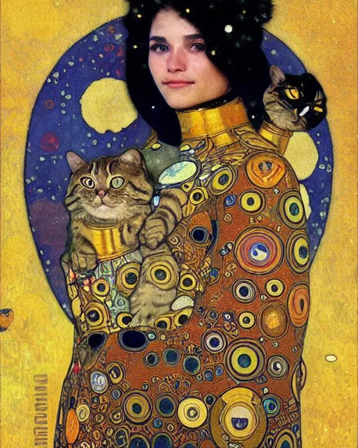 Image similar to cosmonaut cat portrait an oil painting splashes with many colors and shapes by gustav klimt greg rutkowski and alphonse mucha, polycount, generative art, psychedelic, fractalism, glitch art