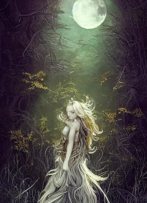 Image similar to glowing silver and golden elements, portrait, A beautiful dark witch in front of the full big moon, book cover, green forest, red white black colors, establishing shot, extremly high detail, foto realistic, cinematic lighting, pen and ink, intricate line drawings, by Yoshitaka Amano, Ruan Jia, Kentaro Miura, Artgerm, post processed, concept art, artstation, matte painting, style by eddie, raphael lacoste, alex ross
