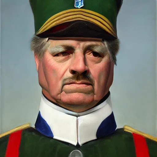 Prompt: facial portrait of nfl detroit lions dictator, military uniform, blue and silver, 1 8 3 4, oil on canvas by william sidney mount, trending on artstation