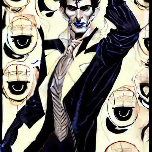 Image similar to Adam Hughes comic art, wide shot, handsome elegant male Nikola Tesla, futuristic spy, kabuki mask, beautiful evil sneer, symmetrical face, symmetrical eyes, leather clothing and boots, long straight green black hair, full body, Indigo occult pattern