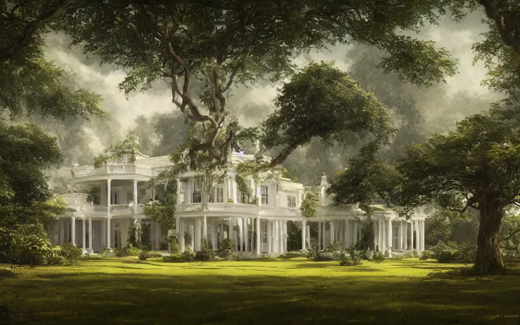 Image similar to a white manor house on a lush southern plantation with a tree-lined driveway, romanticism, hyperdetailed, artstation, cgsociety, 8k, masterpiece, sharp