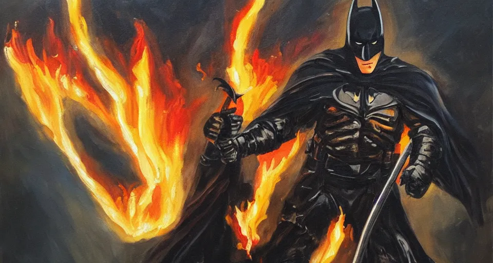 Image similar to An oil painting of a dark knight wielding a flaming sword