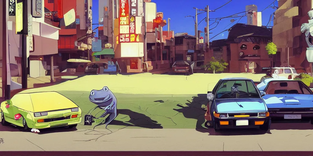 Prompt: pepe the frog posing next to a parked ae 8 6 on a tokyo street, digital painting, masterpiece, by ilya kuvshinov, by frank frazetta, by mbius, by reiq, by hayao miyazaki