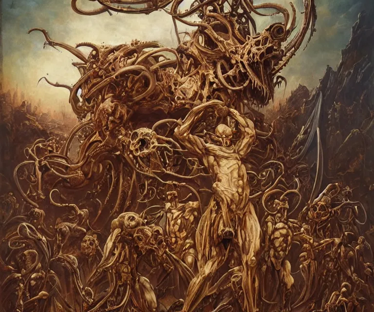 Image similar to elegant renaissance painting of biomechanical warhammer final boss bodybuilder vecna battle, art by bruce pennington and peter mohrbacher, epic biblical depiction, flesh and bones, fangs, teths and tentacles, corpses and shadows!