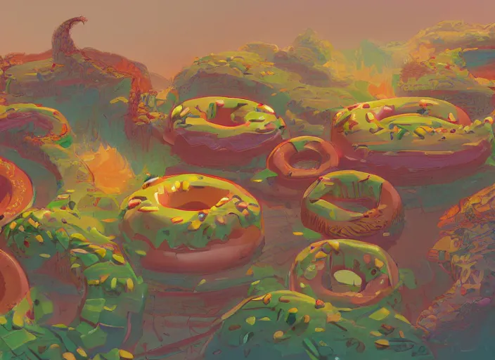 Prompt: concept art of a donut landscape made of bananas, cel shaded, in the style of makoto shinkai and moebius and peter mohrbacher and anton fadeev