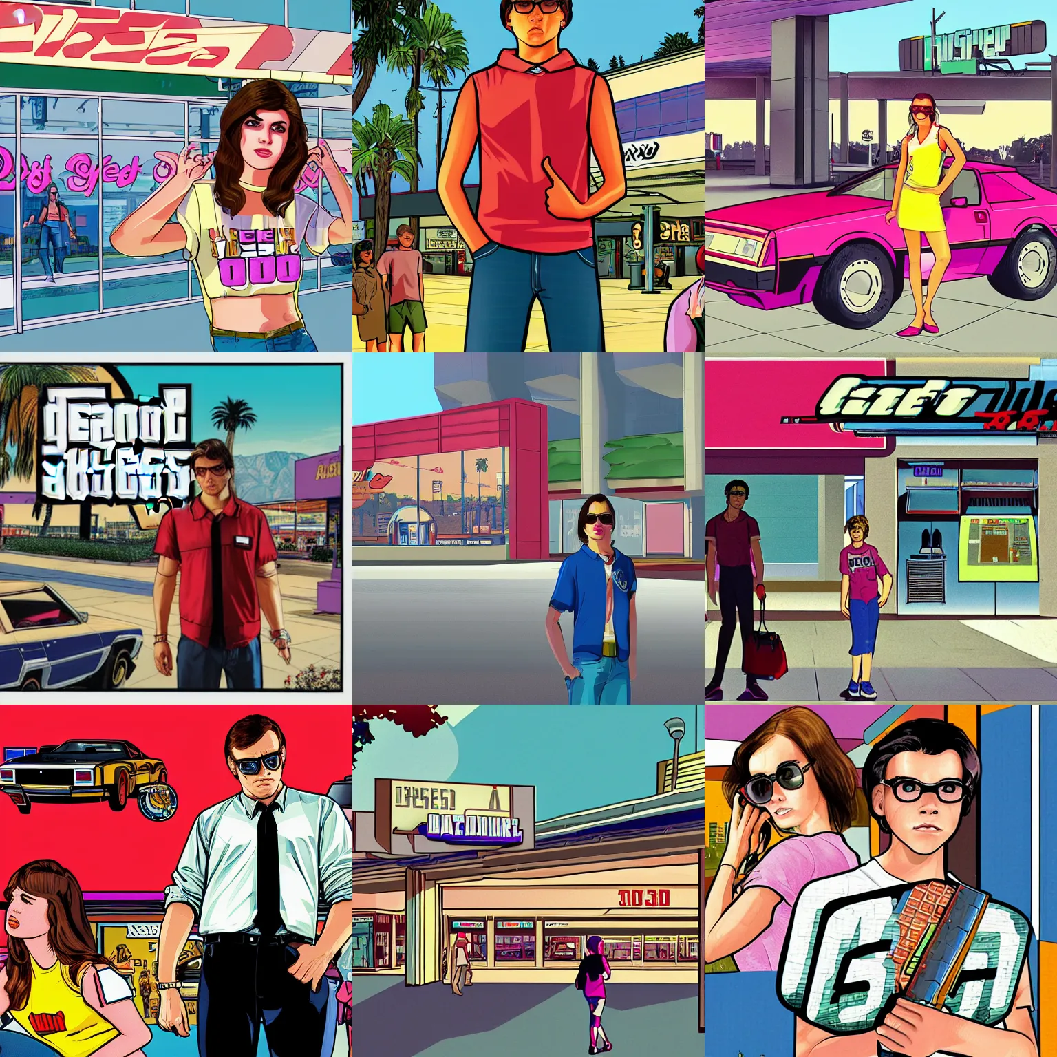 Prompt: GTA V illustration of 1980s nerdy teen on the cover of GTA V, at the entrance to a 1980s shopping mall