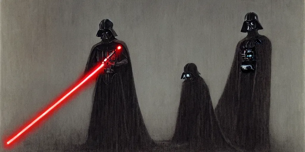 Image similar to Darth Vader with a red lightsaber by Beksinski, Luis Royo