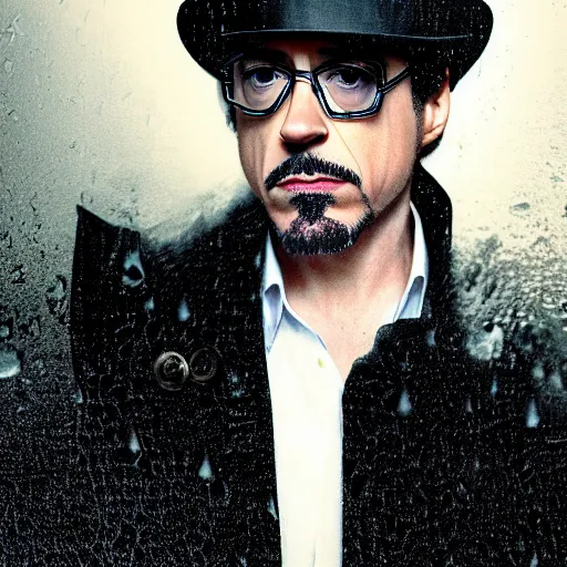 Image similar to photograph portrait of robert downey junior with a trenchcoat and tophat, rain, night, dense fog, hyperdetailed