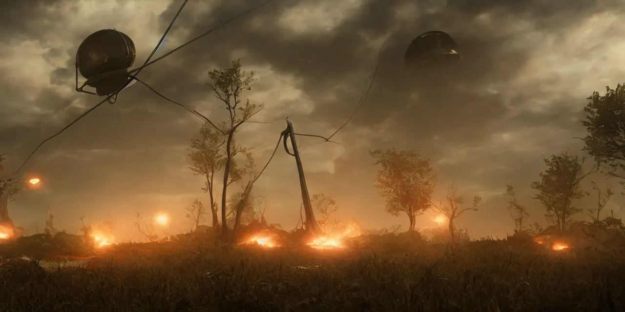 Prompt: war of the worlds, volumetric lighting, cinematic, unreal engine