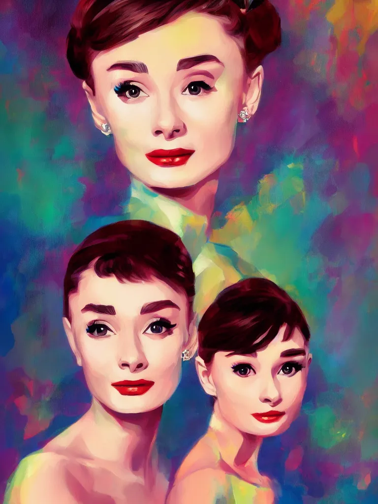 Prompt: a portrait of Audrey Hepburn, glamorous setting, vivid colors, soft lighting, atmospheric, cinematic, moody, in the style of Ross Tran, oil on canvas, 8k