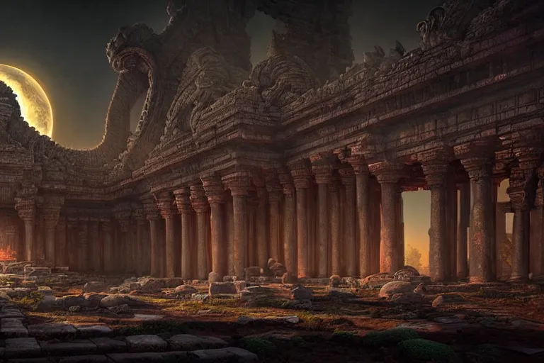 Image similar to beautiful hyperrealistic hyperdetailed epic hdr 3 d render by octane of the mysterious intricate ruins of a temple from an advanced alien starwars civilization under the crescent moon by alejandro burdisio and george ines, dramatic lighting