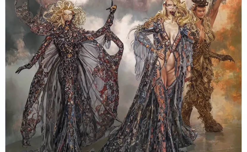 Prompt: fashion model walking down a catwalk, elaborate dress by alexander mcqueen, art by michael whelan and chris moore and howard david johnson and tim white and dan giancola