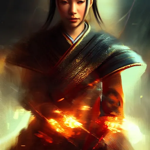 Image similar to beatiful female samurai in front of sparks and smoke in the style of Raymond Swanland, cinematic, artstation