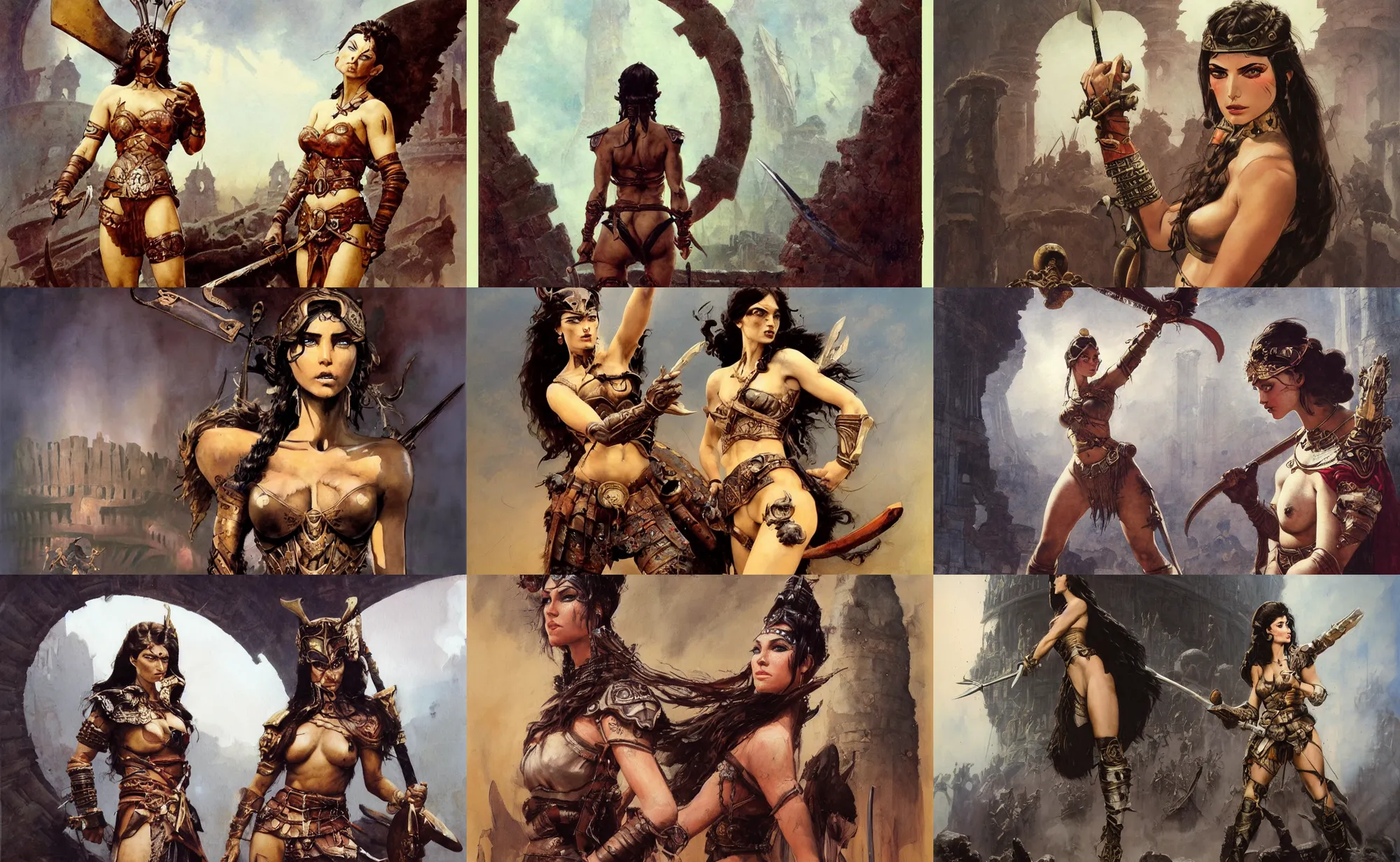 Prompt: A mixed media painting of a brunette woman warrior in a coliseum, very aesthetic, detailed face and eyes, by Frank Frazetta, Boris Vallejo, Greg Rutkowski, Beeple, Yoko Taro, Christian MacNevin, epic fantasy character art, viking runes, high fantasy, CGsociety, full length, exquisite detail, post-processing, masterpiece, cinematic, coliseum backdrop