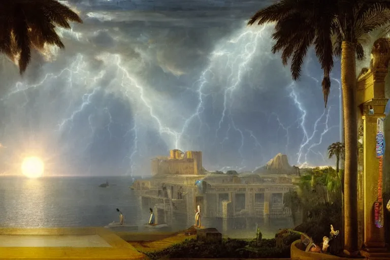 Image similar to Palace of the chalice, refracted sparkles, thunderstorm, greek pool, beach and Tropical vegetation on the background major arcana sky and occult symbols, by paul delaroche, hyperrealistic 4k uhd, award-winning, very detailed paradise