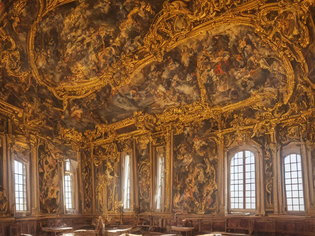 Prompt: The bright and majestic beautiful Renaissance palace chamber filled with soft light from beautiful windows with beautiful paintings of a demons on the walls, high quality interior photo trending on photostocks