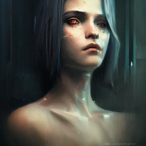 Prompt: portrait of a young beautiful woman, reflecting eyes, cyberpunk, high detail, dramatic light, digital art, dark, painted by seb mckinnon and greg rutkowski, trending on artstation