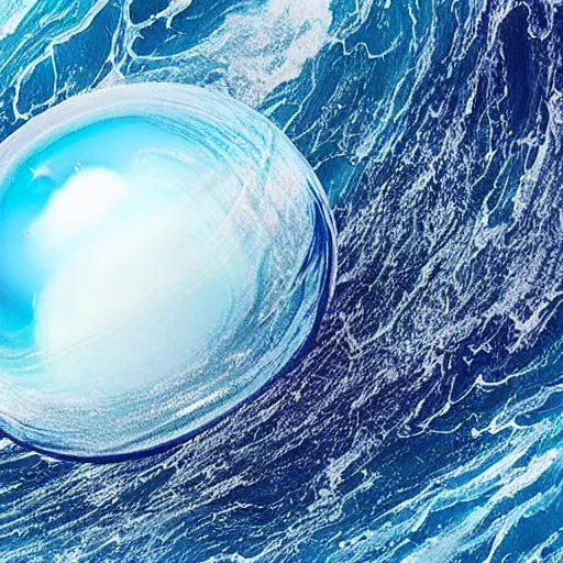 Image similar to planet earth inside a bubble floating on a wild ocean wave