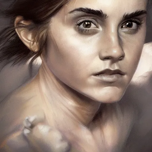 Image similar to Very funny Emma Watson looking like an old monkey, colorful painting on grey scale face, powerful , magic, thunders, dramatic lighting, intricate, wild, highly detailed, digital painting, artstation, concept art, smooth, sharp focus, illustration, art by artgerm and greg rutkowski and alphonse mucha, footage