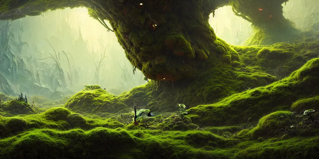 Image similar to a mossy alien planet land scape by karol bak, james jean, tom bagshaw, rococo, sharp focus, trending on artstation, cinematic lighting, hyper realism, octane render, 8 k, hyper detailed, vivid, ultra detailed, highly detailed