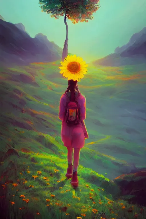 Image similar to giant daisy flower head, girl hiking in the mountains, surreal photography, sunrise, dramatic light, impressionist painting, colorful clouds, digital painting, artstation, simon stalenhag