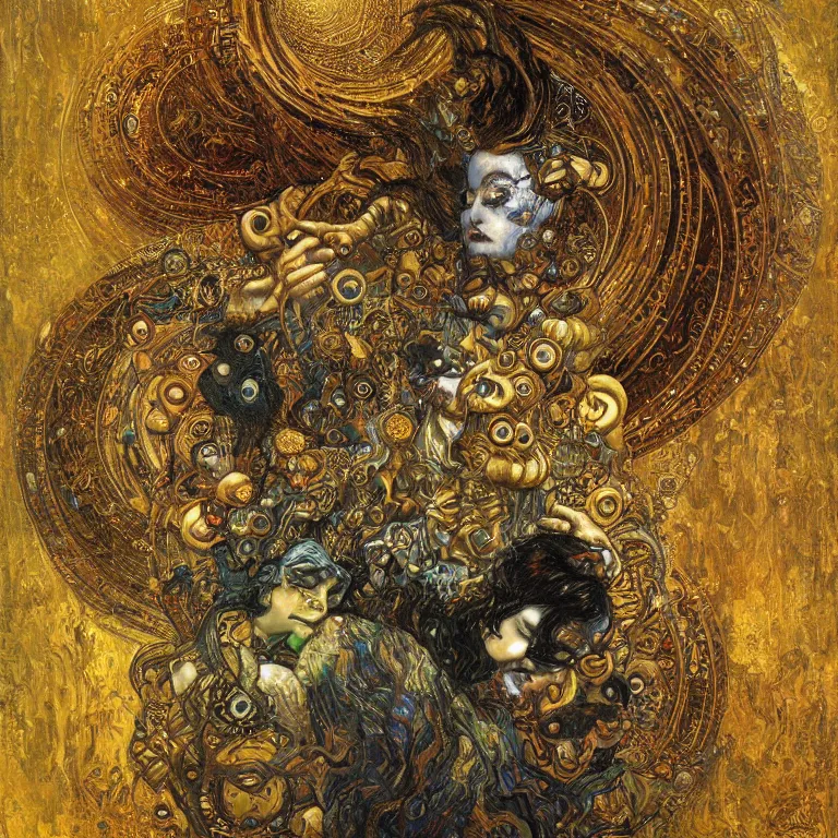 Image similar to Divine Chaos Engine by Karol Bak, Jean Deville, Gustav Klimt, and Vincent Van Gogh, celestial, visionary, sacred fractal structures, ornate gilded medieval icon, spirals