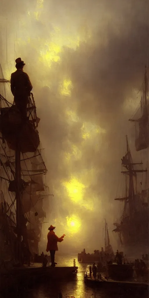 Image similar to a seaport in 1 9 4 0 with red light on, sunny day, a men stand up next to the edge, mystical orange fog, oil on canvas, art by andreas achenbach, clemens ascher, tom bagshaw and sabbas apterus,