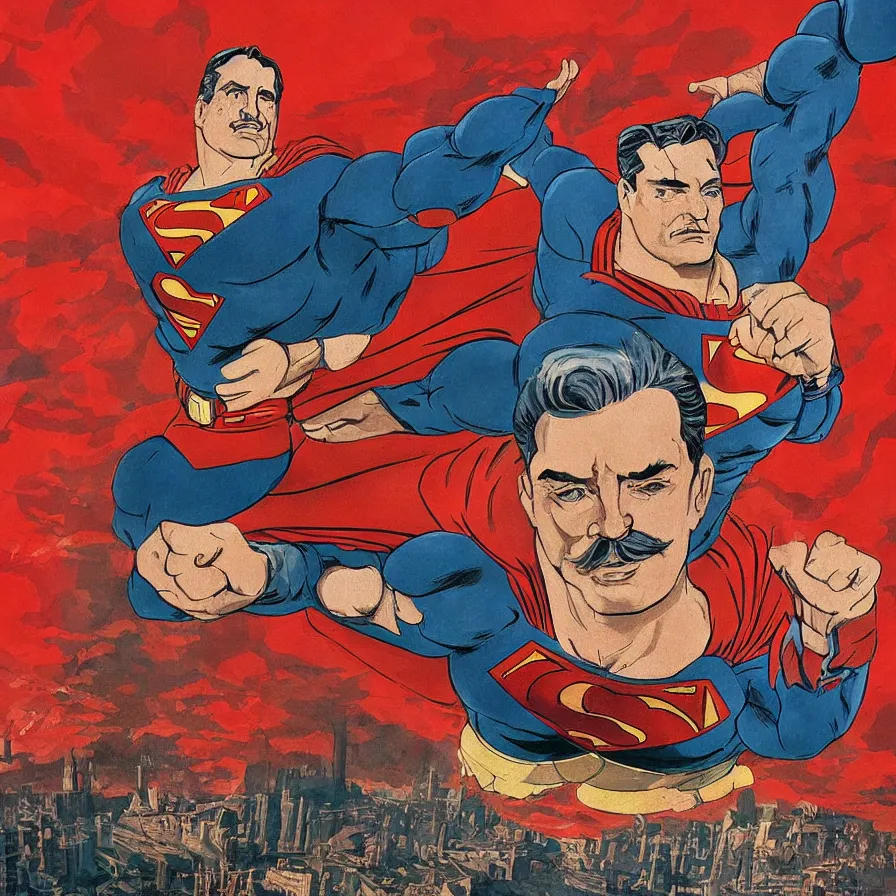 Prompt: epic visual development art of stalin as superman flying over moscow, hammer and sickles, cccp, socialist realism, soviet nostalgia, sovietwave, ultrarealistic, hyperdetailed, intricate digital art, trending artstation, rich moody colors, fan art, concept art, in the style of the red son