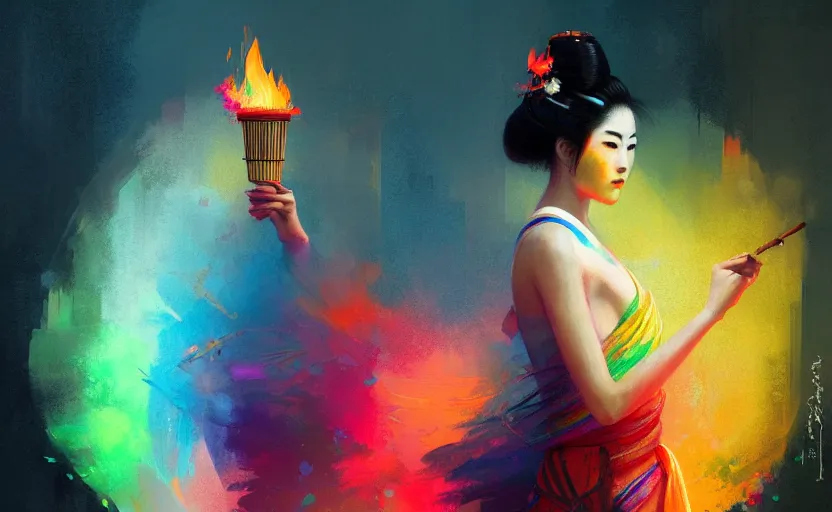 Image similar to female geisha girl holding a flame of rainbow, beautiful face, colourful, rule of thirds, thousands of colors, intricate outfit, spotlight, by greg rutkowski, by jeremy mann, digital painting