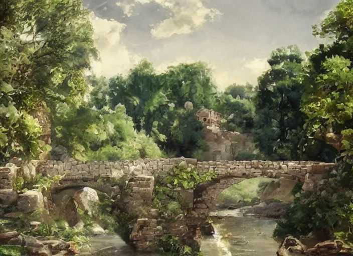 Image similar to watercolor of rustic stone bridge with mural, ivy, summer daylight, bright clear day, clouds, high detailed art by dennis miller bunker, work by anders zorn, wonderful masterpiece by greg rutkowski, beautiful cinematic light, american romanticism by greg manchess, creation by tyler edlin