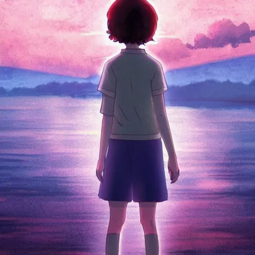 Prompt: Eleven from Stranger things by Makoto Shinkai , character,anime,scene!!!