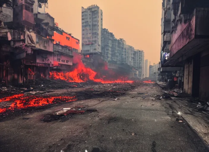 Prompt: dirty, dark, streets of hong kong, huge fires flaming through the streets, blood red colored sky, apocalpyse, debris on the floor